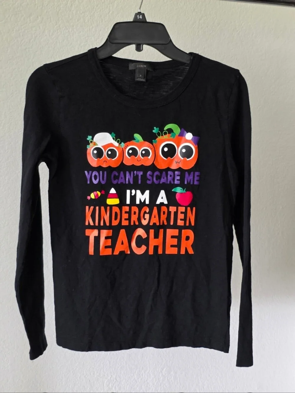 J.Crew Womens Small Halloween Kindergarten Teacher Graphic Long Sleeve Black Tee